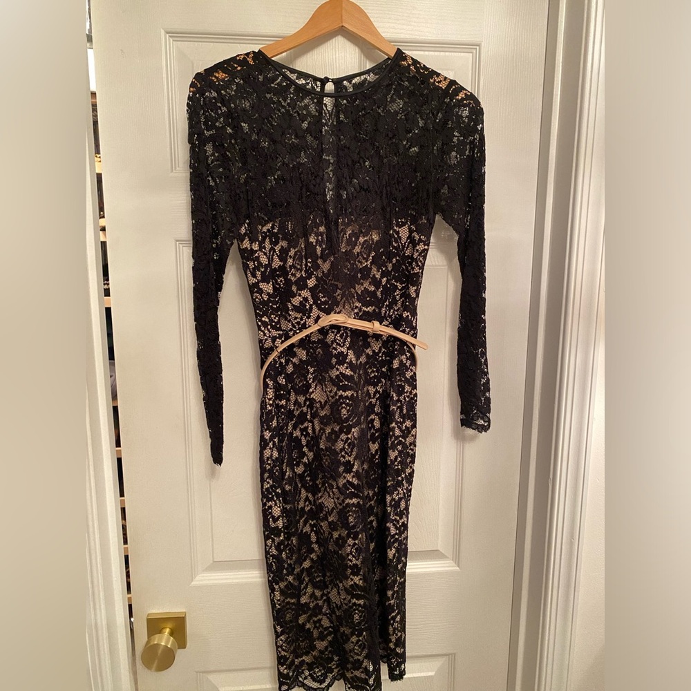 Maggy London Black Lace Illusion Belted Dress - Sz 6 - worn Once!